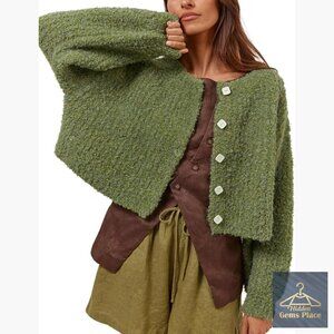 Cropped Cardigan Sweater, Open Front, Long Sleeve, Polyester Knit